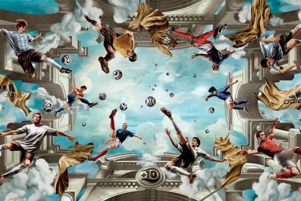 Football players in the air with balls on the background of columns and the sky