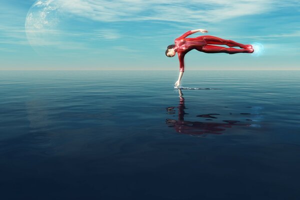 Flying girl from the future over the ocean