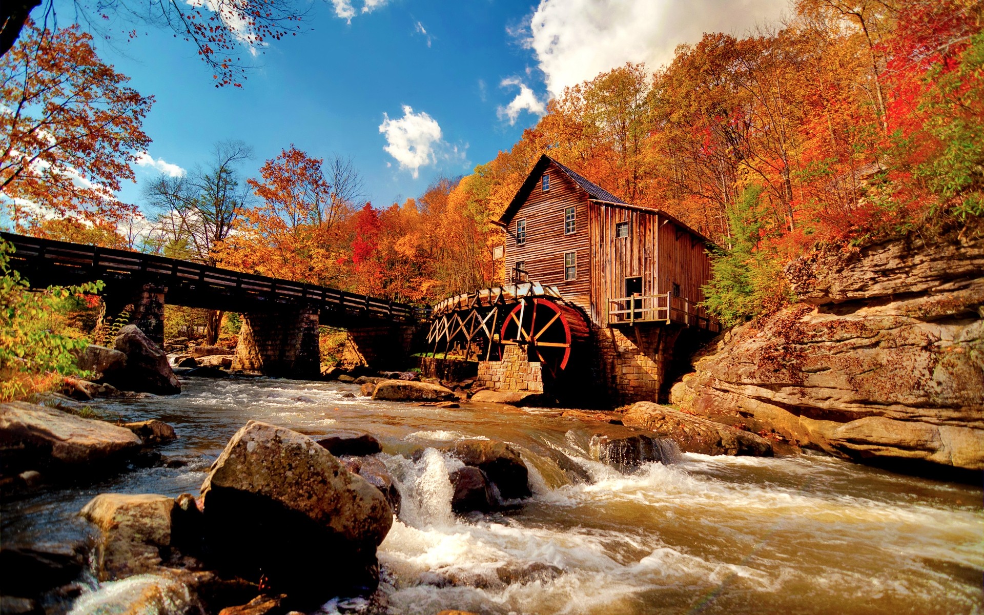 autumn water river fall wood bridge stream travel landscape nature outdoors waterfall scenic tree water mill cottage