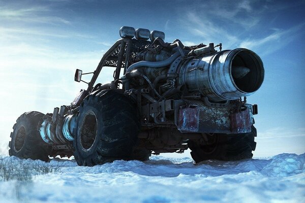 ALL-TERRAIN VEHICLE IN THE SNOW WITH A JET ENGINE