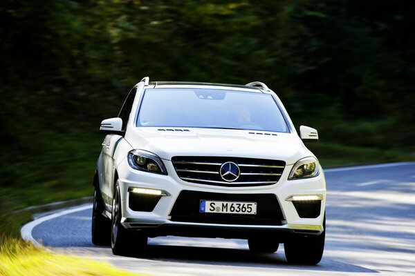 A white Mercedes benz car hurries along an asphalt road