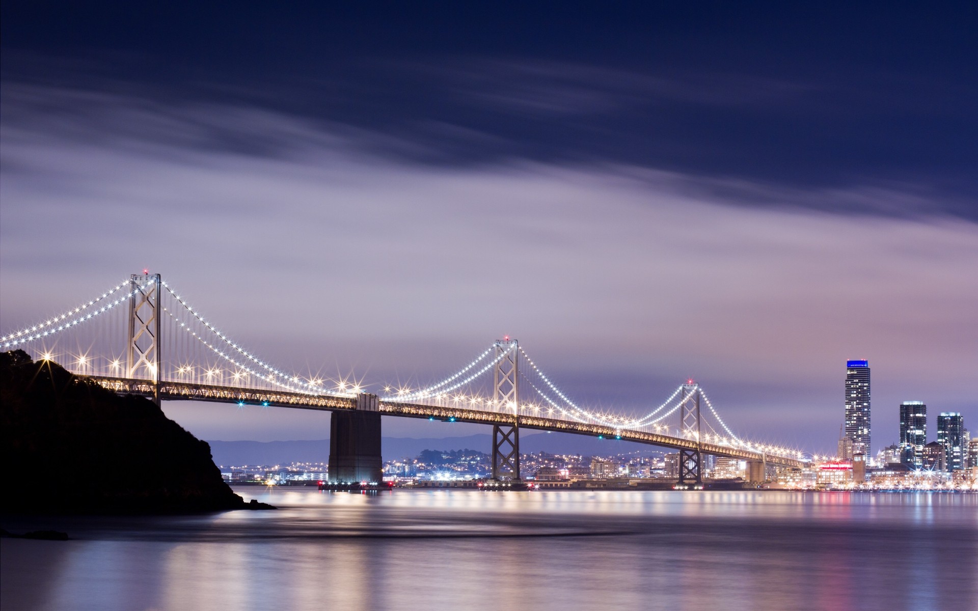 estados unidos puente agua puente colgante río ciudad arquitectura viajes sistema de transporte puesta de sol cielo crepúsculo noche puerto conexión paseo marítimo suspensión reflexión centro de la ciudad bahía