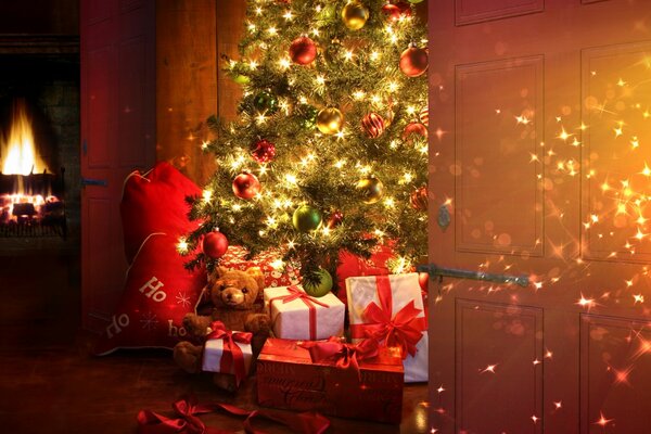 A lot of gifts under the Christmas tree in a garland