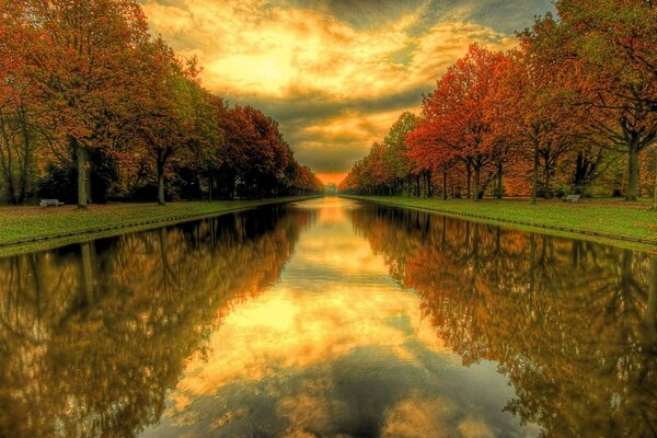 Channel water colorful autumn alea autumn trees mirror