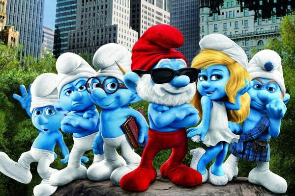 Smurfs on the background of tall buildings