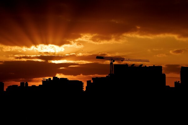 The shadow of the city against the background of dawn