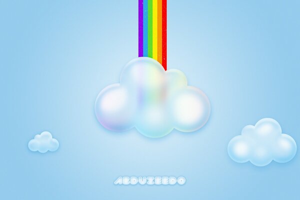 A rainbow can be seen from the clouds in the blue sky