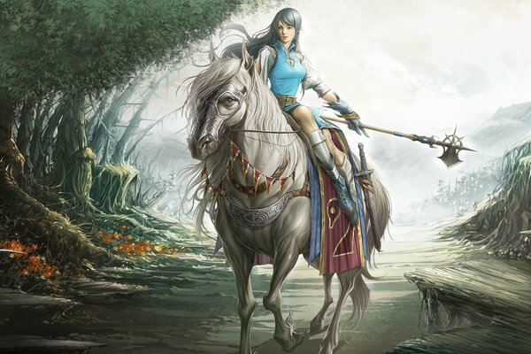 A girl with a spear on a white horse