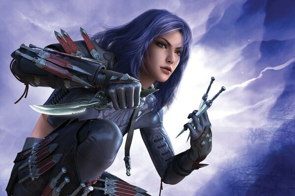 3d graphics of a girl with a blue background with a hoarfrost hairstyle and a cold weapon in her hands