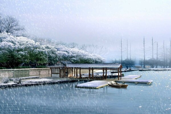 Lake snow trees boats