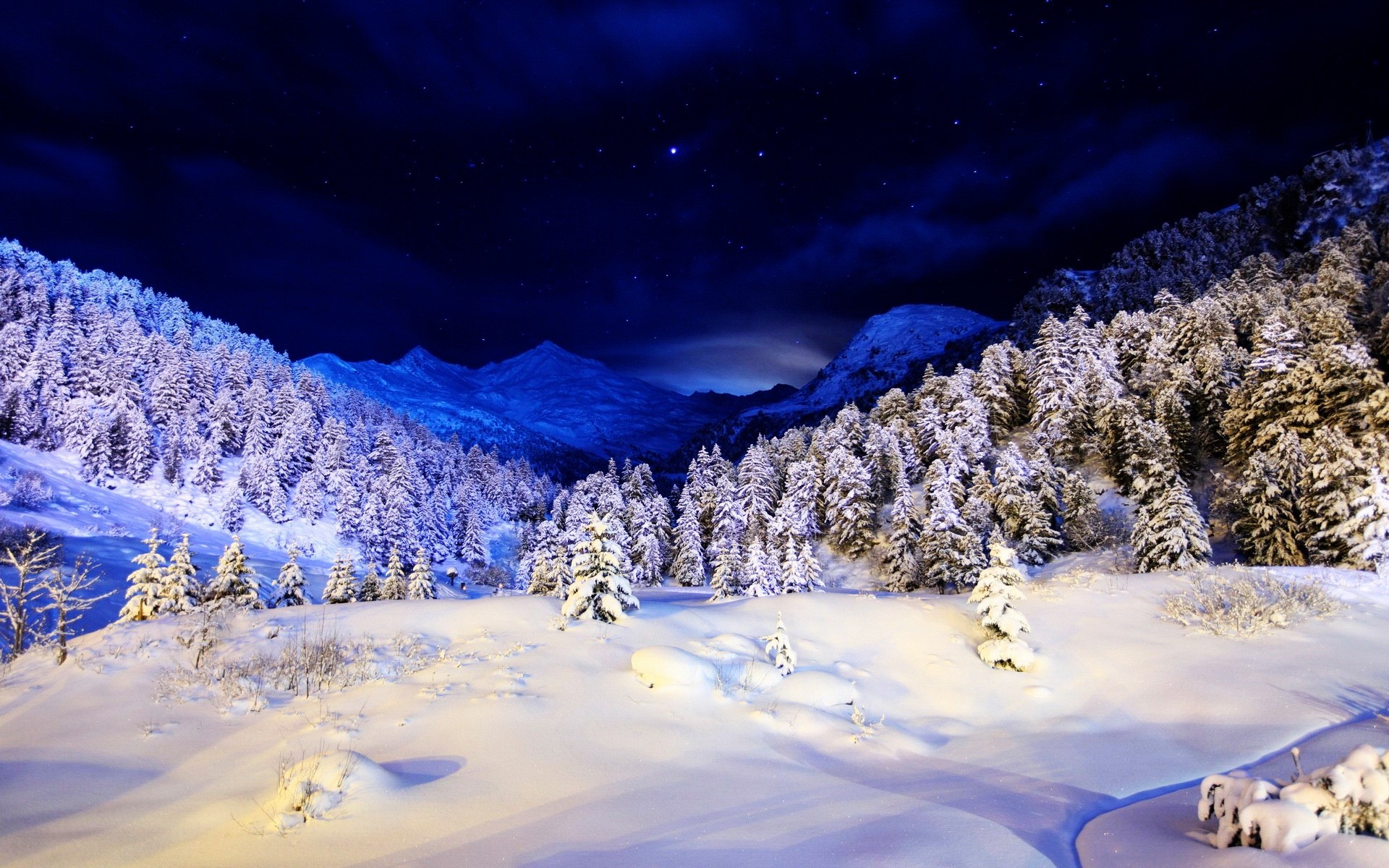 winter snow cold water landscape ice frost nature scenic outdoors travel light frozen daylight forest trees stars