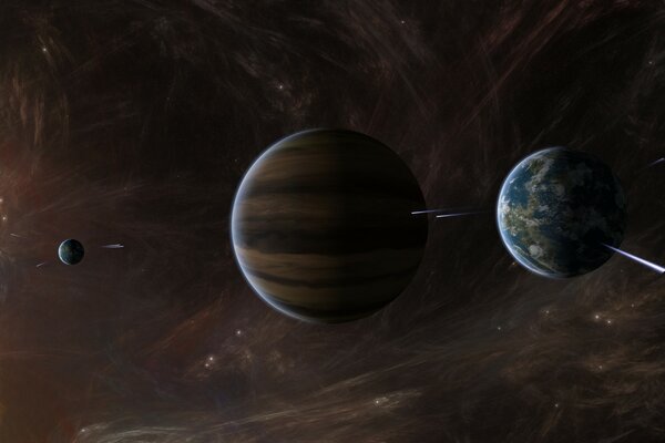 Planets of different sizes fly in space