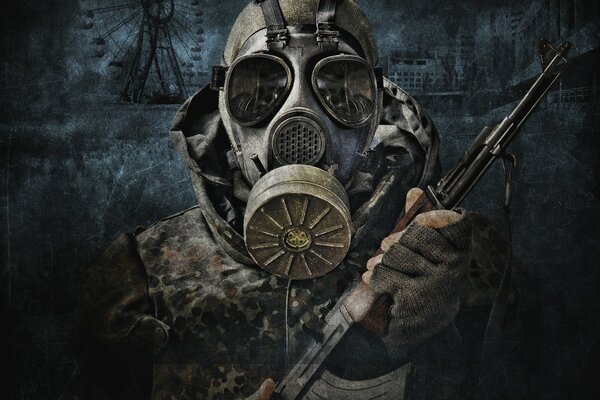 A man in a gas mask holds a machine gun