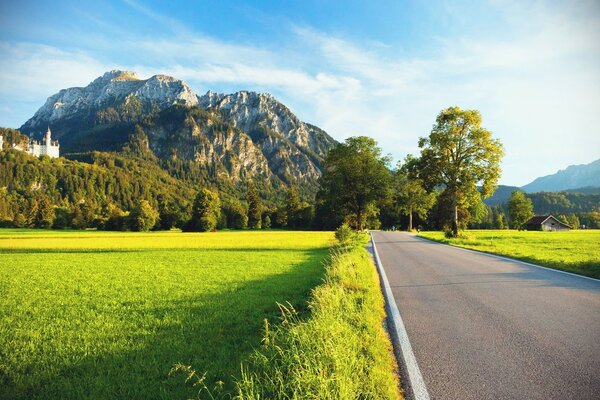 The road to the mountains through the spring fields