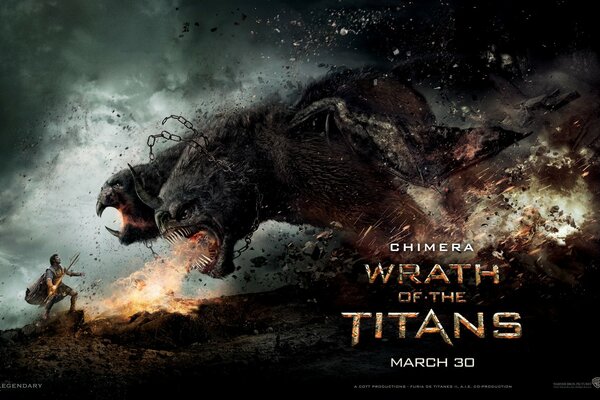 A poster of a movie about Titans with the image of a warrior and a fire-breathing monster