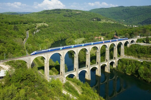 Fahrender Zug über die Brücke über das Wasser