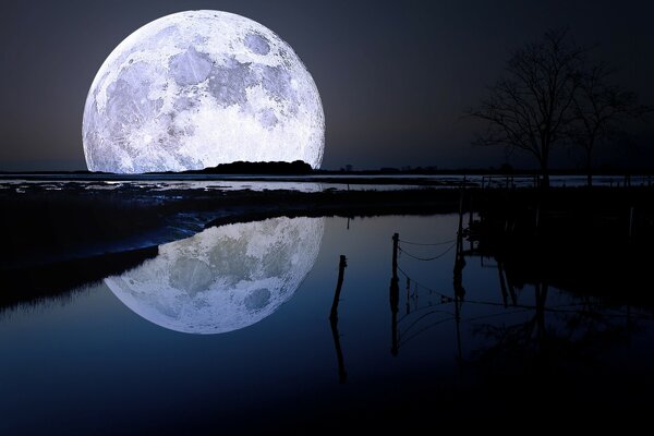 Reflet d une énorme lune dans l eau