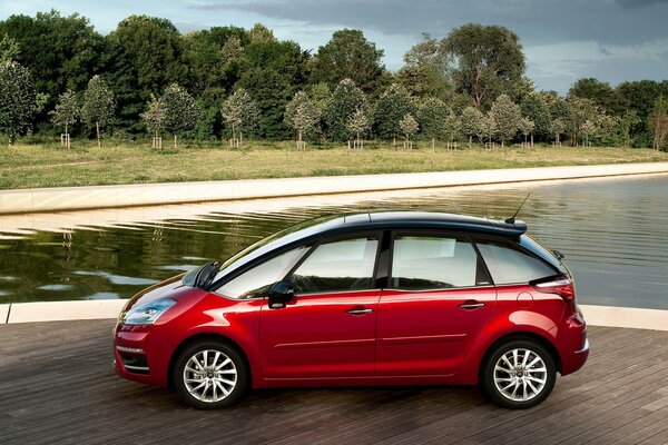 Red car on the background of nature