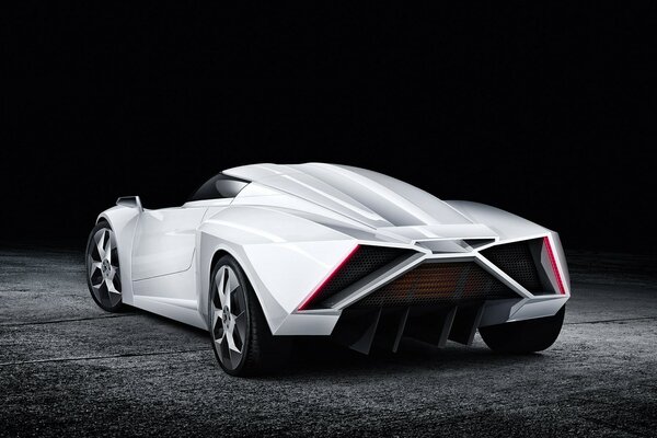 White sports car on a black background rear view