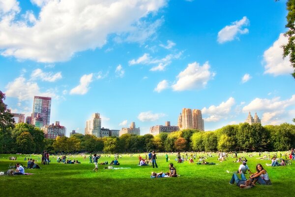 Personas descansando en el césped en un parque de Estados Unidos