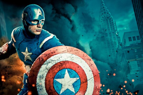 Captain America sur fond de ville en feu