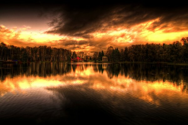 Reflejo vívido de la puesta de sol y el bosque en el agua