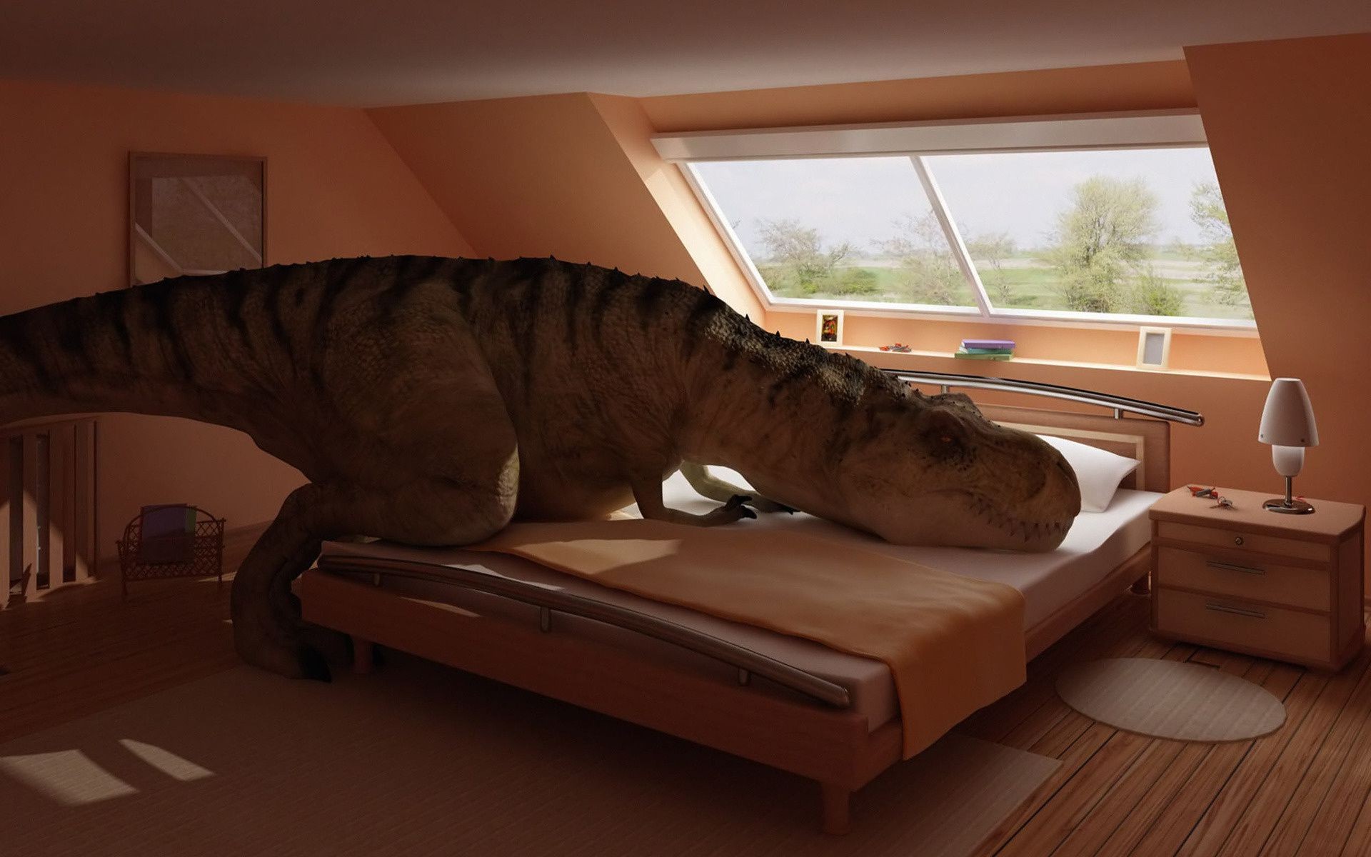 dinosaures à l intérieur chambre meubles fenêtre canapé siège voyage lumière bois