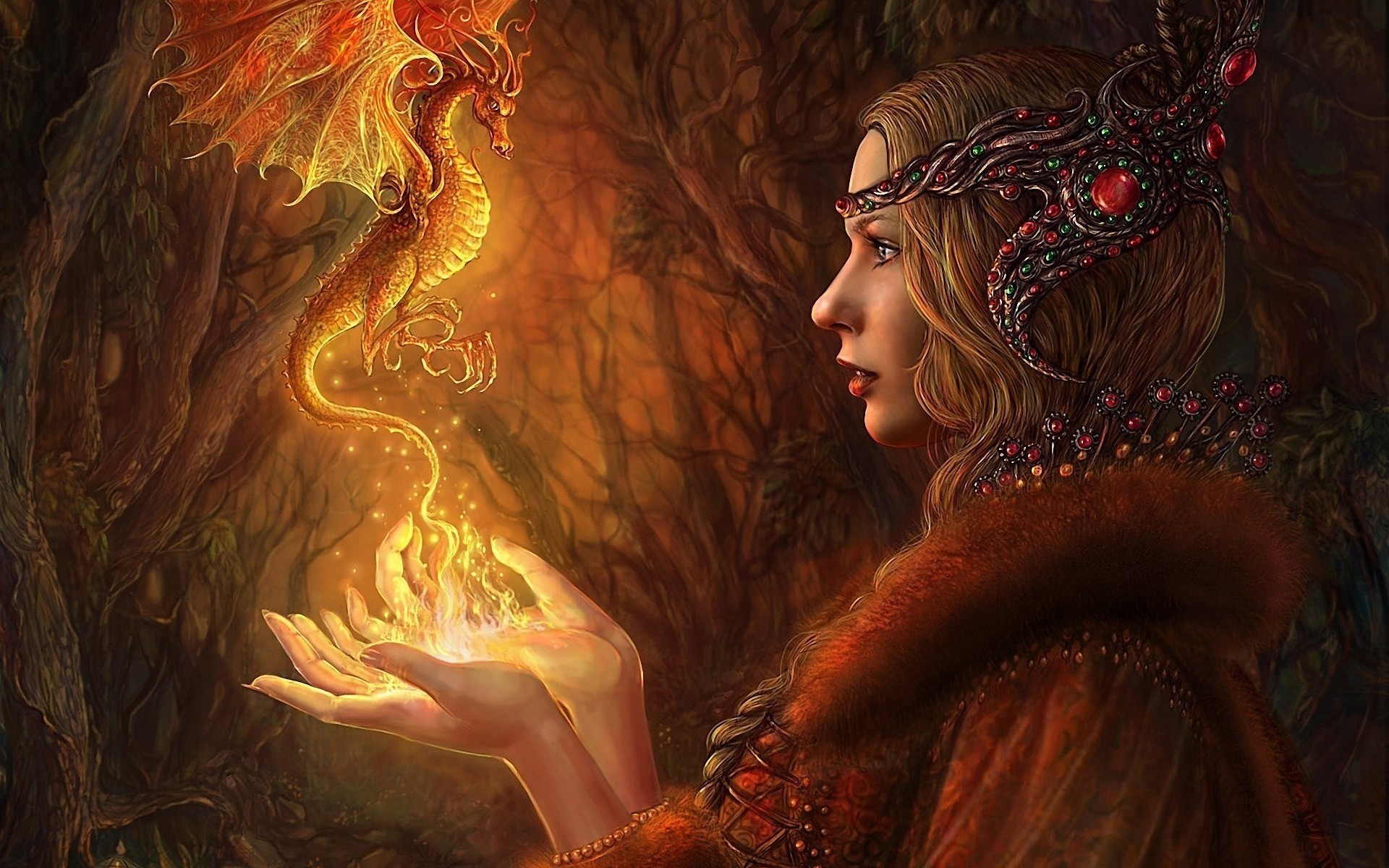 fantasy femme art portrait peinture unique adulte mode magie feu bois lumière décoration