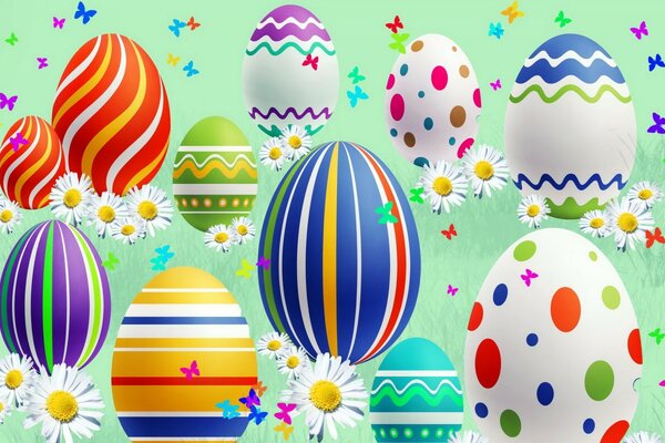 Bright illustration with Easter eggs and white daisies