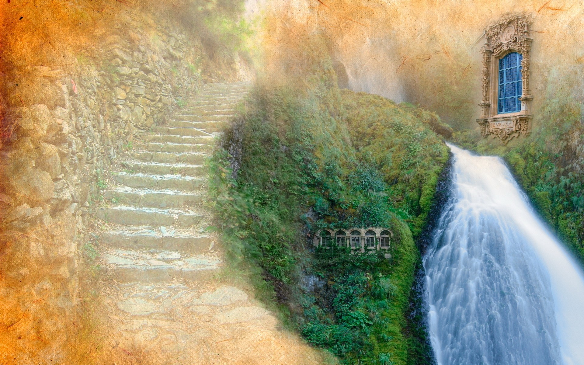 fantasía al aire libre naturaleza agua otoño viajes madera verano hoja retro cascada escaleras fondo