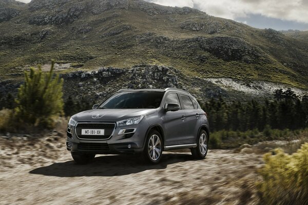 Peugeot SUV stands near the mountains