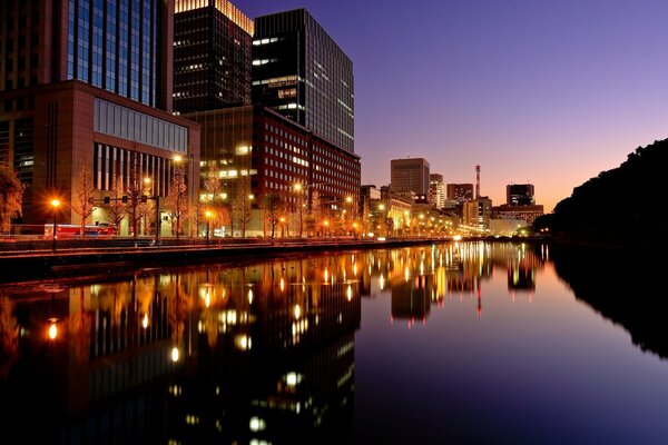 Architecture of cities in Japan in the twilight of the night