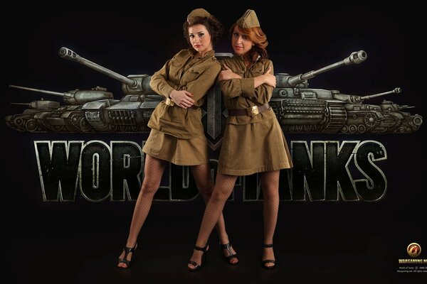 Two beautiful girls on the background of tanks