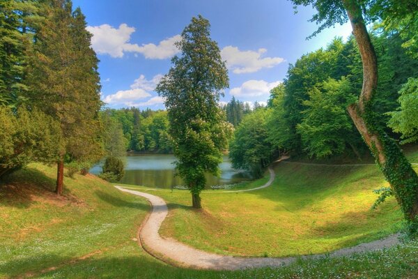 Drawing of a lake and a winding path leading to it