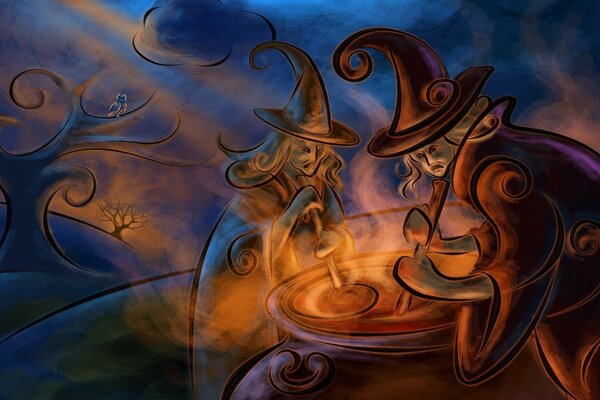 Two witches brew a potion