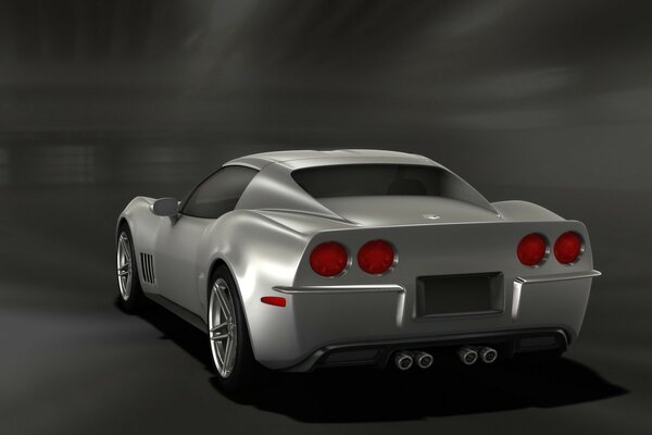 Grey sports car rear view on dark background