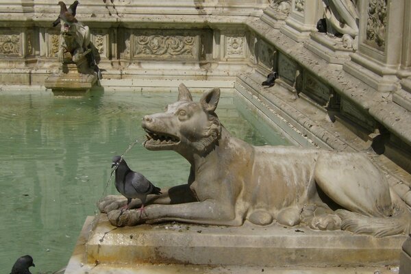 Sculpture of a wolf with a live pigeon