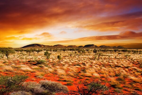 Hermosa puesta de sol en el desierto rojo