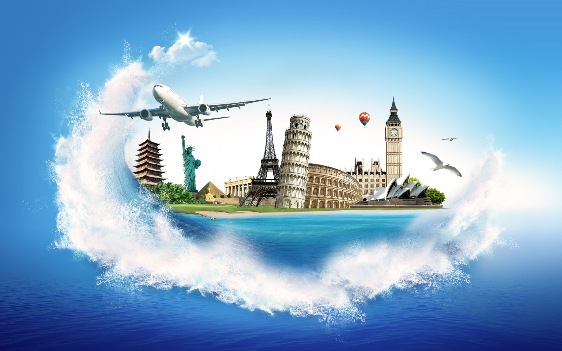 photo manipulation sky travel water cloud sea outdoors landscape summer ocean tourism architecture big ben eiffel tower statue of liberty aircraft art