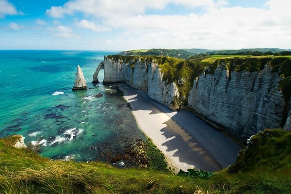 Steep cliffs and a beach in front of the blue sea