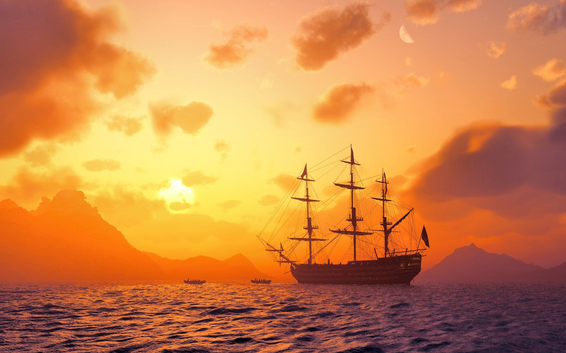 ships sunset dawn water ocean sea watercraft sky evening sun dusk ship travel sailboat boat silhouette landscape