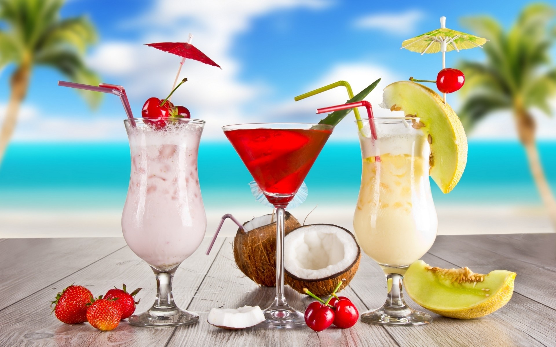 landschaft cocktail tropisch saft sommer eis obst kälte glas trinken minze erdbeere milch beere süß erfrischung stroh kirsche lecker pina colada kokosnuss