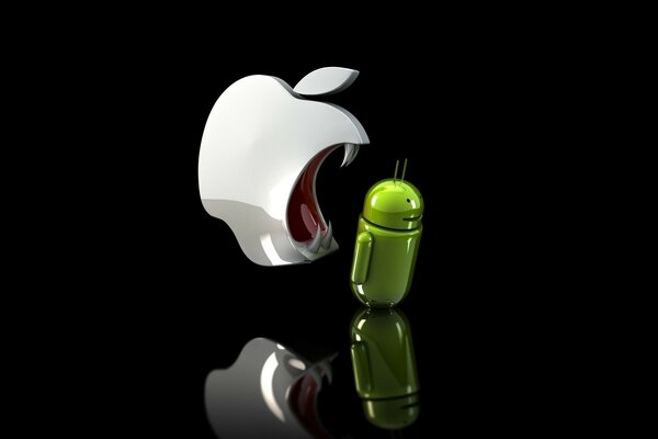 Apple logo wants to eat android logo