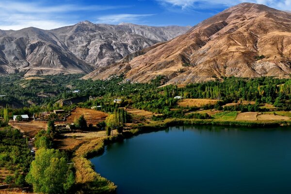 Mountain landscape near the forest and lake