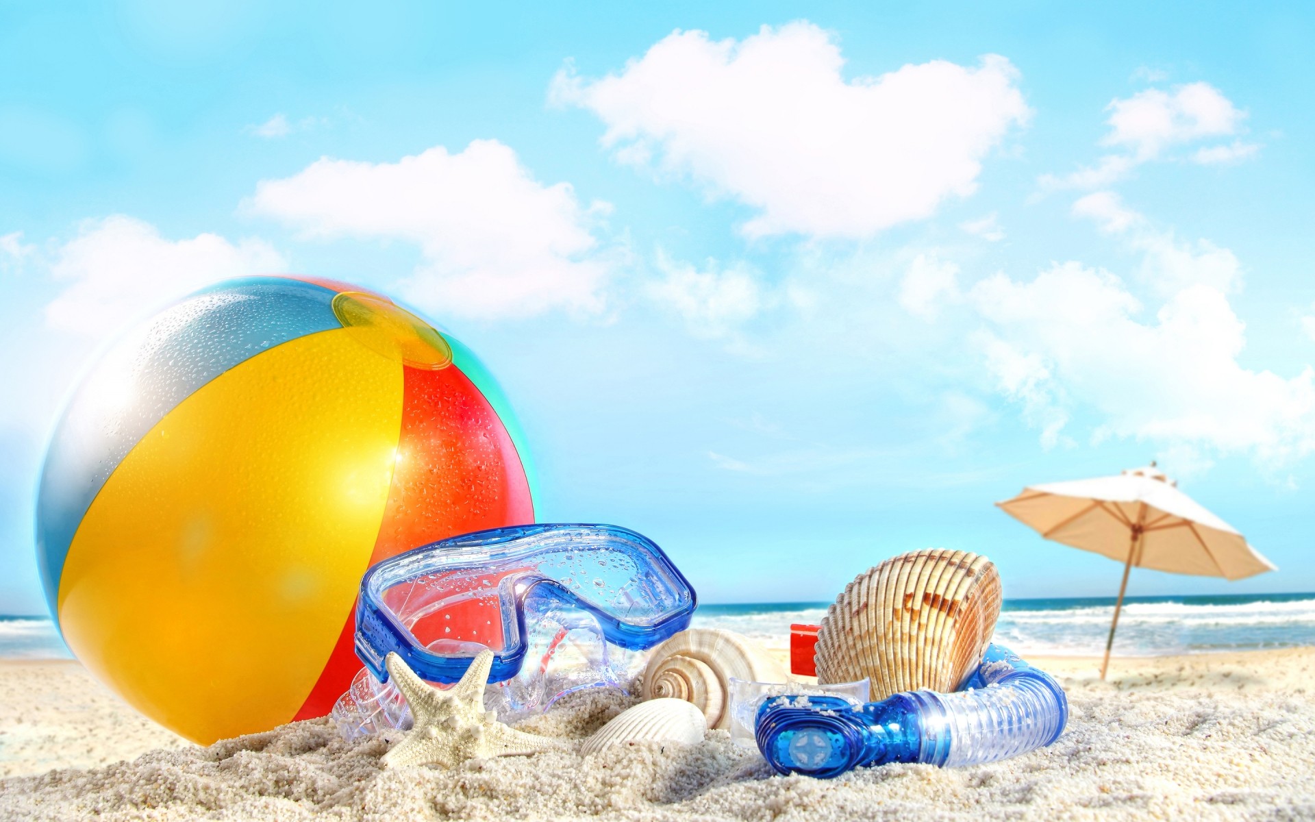 summer sky beach vacation sand travel sea ocean nature seashore sun water toy leisure fair weather tropical color recreation desktop shells clouds ball landscape