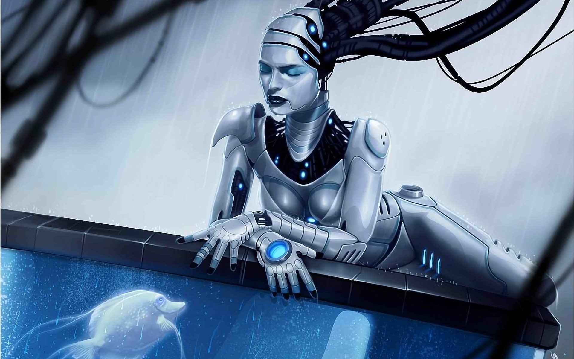 fantasía tecnología computadora robot técnico fondo azul arte diseño