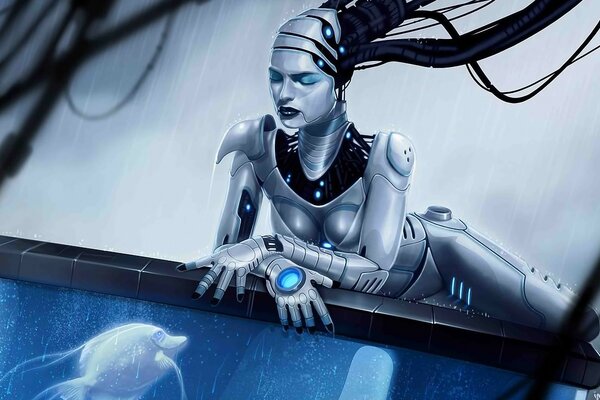 Feminine robot on the aquarium