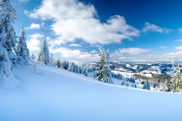 Verschneite Ebene mit Blick auf die Berge