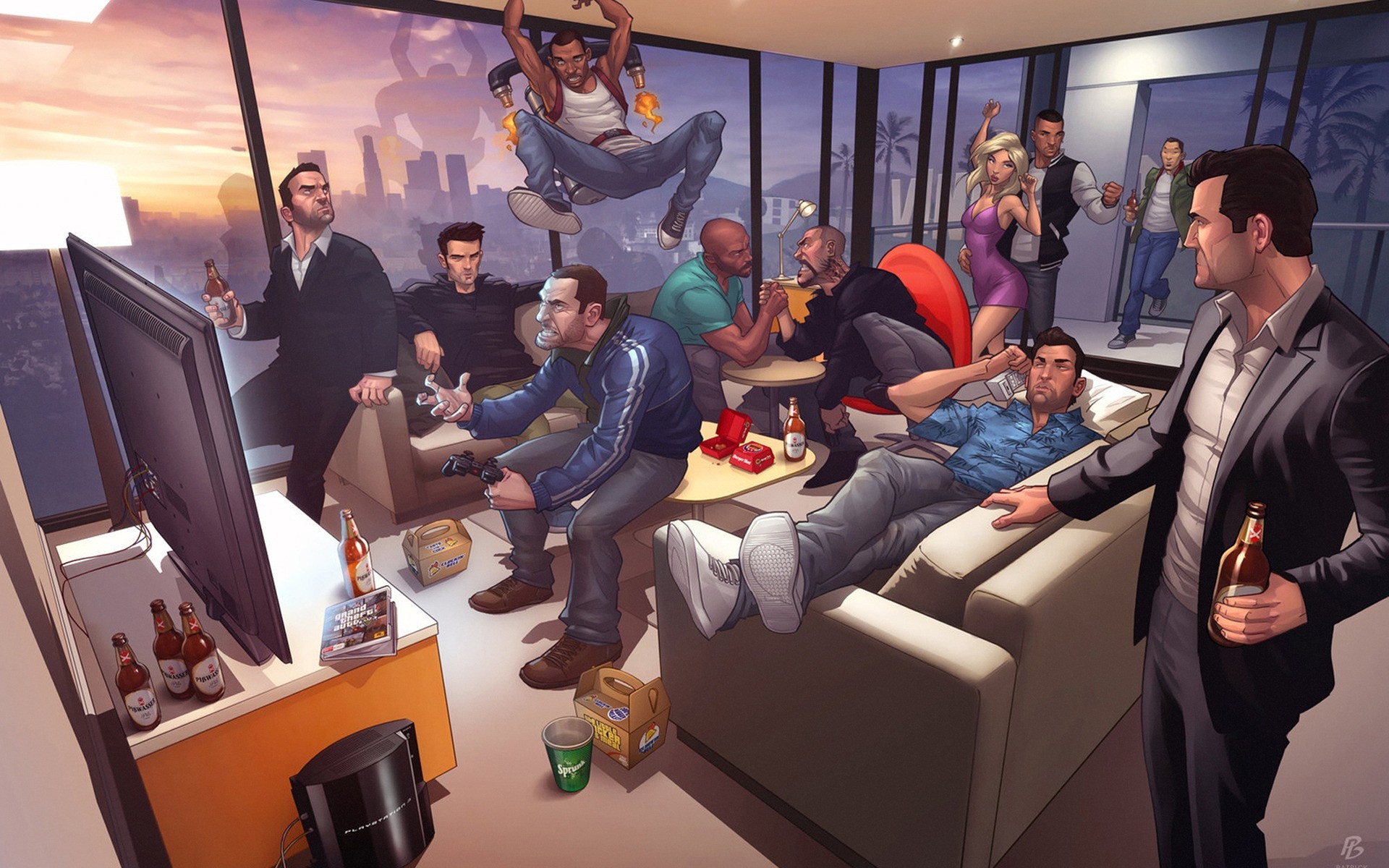 gta hombre grupo muebles interior habitación adulto mujer negocio lugar comercio acción juegos papel armas arte