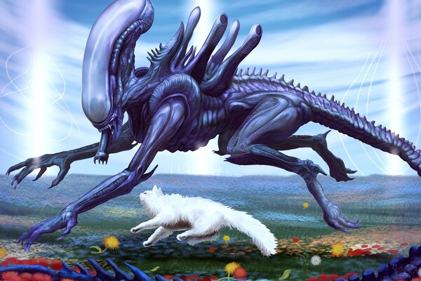 Alien saute avec un chat blanc